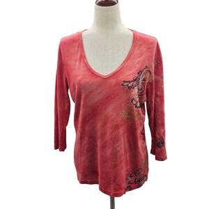 Glima Womens XL Red Orange Wash Graphic 3/4 Sleeve V-Neck Cotton Top Made in USA